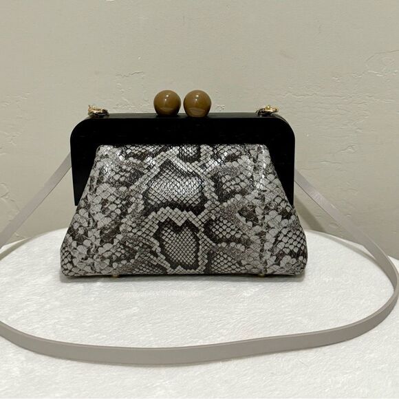Snake Embossed Cowhide Leather Handmade Wooden Frame Clutch, Wristlet, Crossbody - Picture 2 of 16